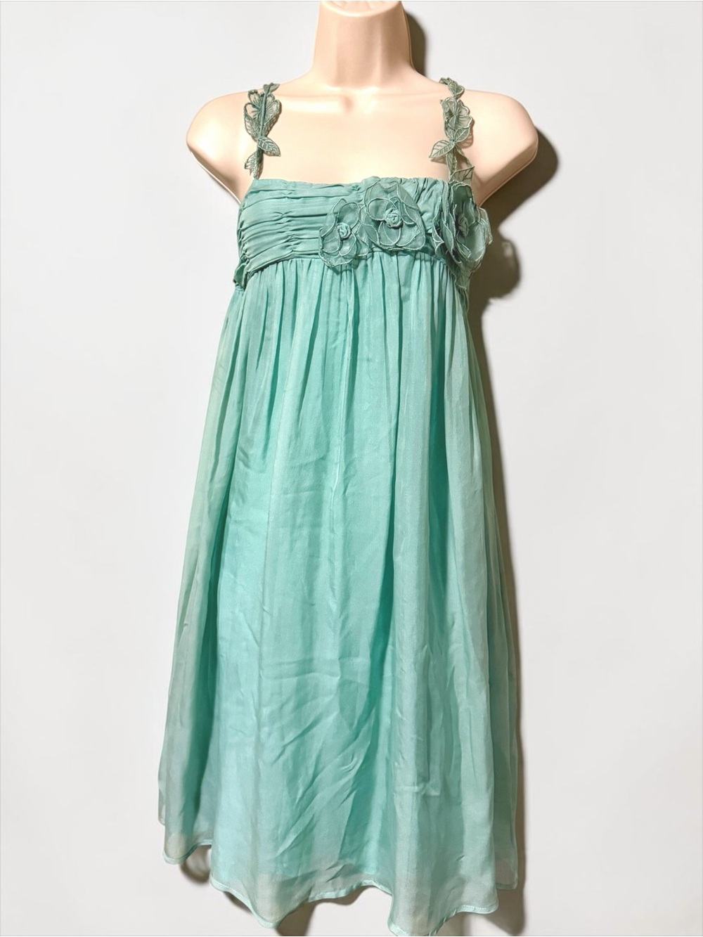 Gold Hawk 100% Silk Mint Green 3D Floral Appliqué Smock Dress XS New